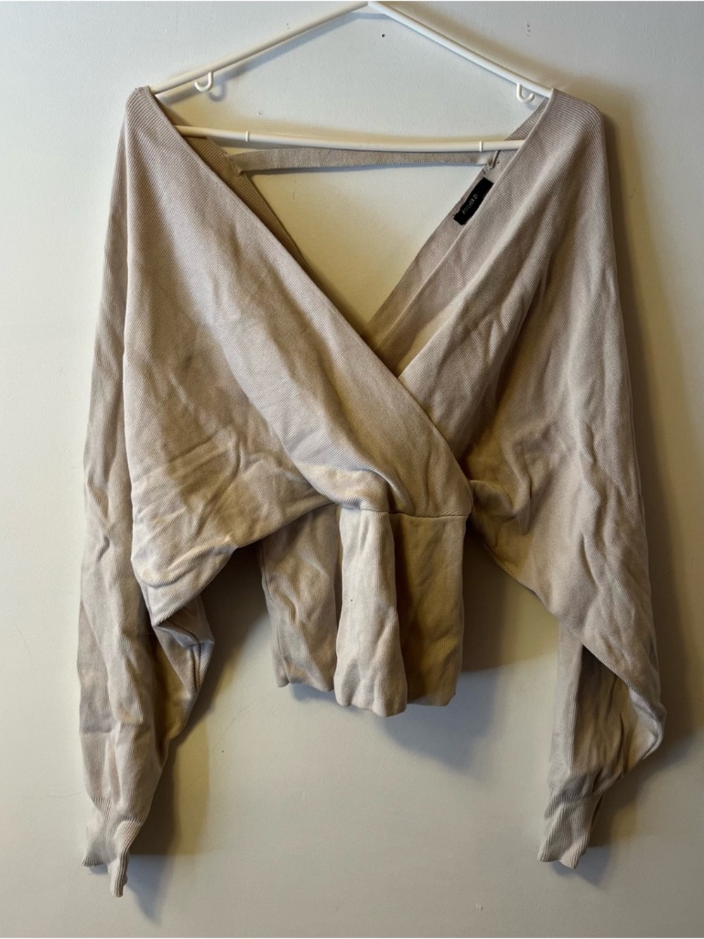 FOREVER 21 Cropped Wrap Front Long Sleeve Top - Beige